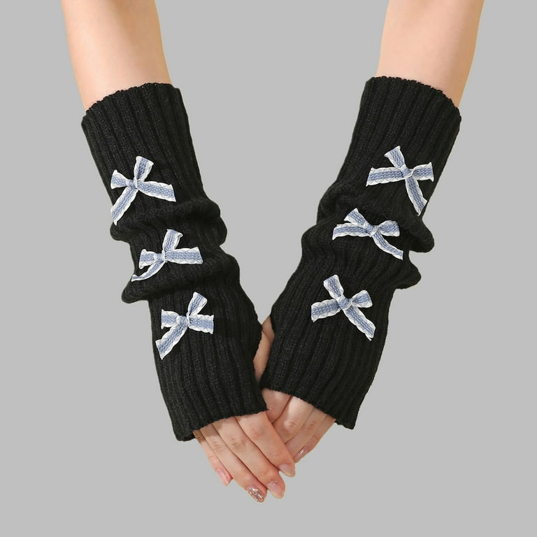BWASD Womens Fingerless Knitted Gloves Y2K Cute Bowkno Thick Warm