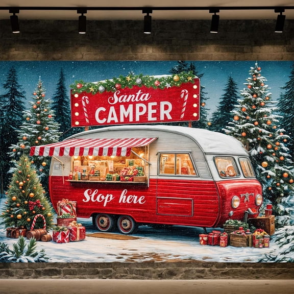 7x5ft Christmas Camper Backdrop, Red Santa's Cartoon Camper Van Winter Snowy Forest Pine Trees Background Banner Merry Xmas Backdrop for Family Holiday Party Baby Shower Decorations,muti1