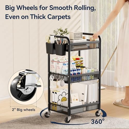 3 Tier Rolling Cart – Metal Utility Storage Carts with Wheels, Craft Cart Organizer with Hanging Cups, Hooks, Mesh Basket for Bedside Kitchen Office Art, Black