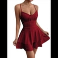 thumbnail image 1 of Vestido Mini de Fiesta Corto con Tirantes Finos y Lazo en la Espalda para Mujer, con Volantes Escalonados, Corte en A, y Ajustado. Vino Tinto S, 1 of 9