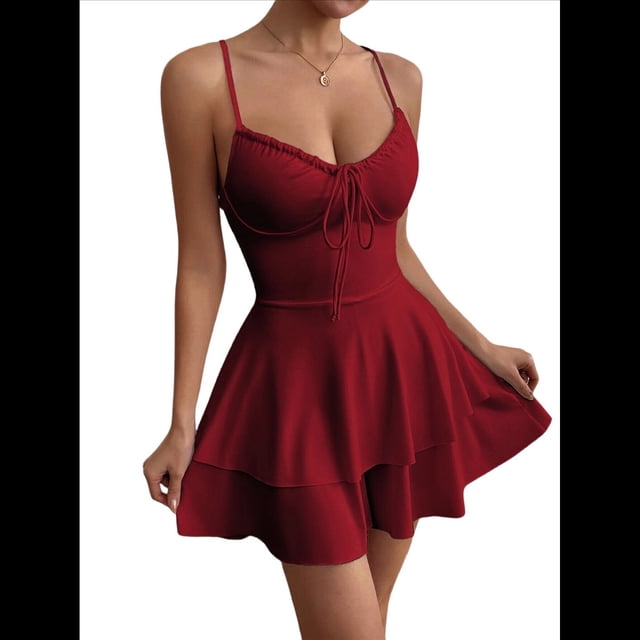 Vestido Mini de Fiesta Corto con Tirantes Finos y Lazo en la Espalda para Mujer, con Volantes Escalonados, Corte en A, y Ajustado. Vino Tinto S