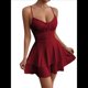 thumbnail image 1 of Vestido Mini de Fiesta Corto con Tirantes Finos y Lazo en la Espalda para Mujer, con Volantes Escalonados, Corte en A, y Ajustado. Vino Tinto S, 1 of 9