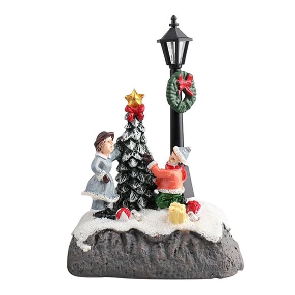 Christmas Village Figurine, Decorating Tree with LED Street Lamp