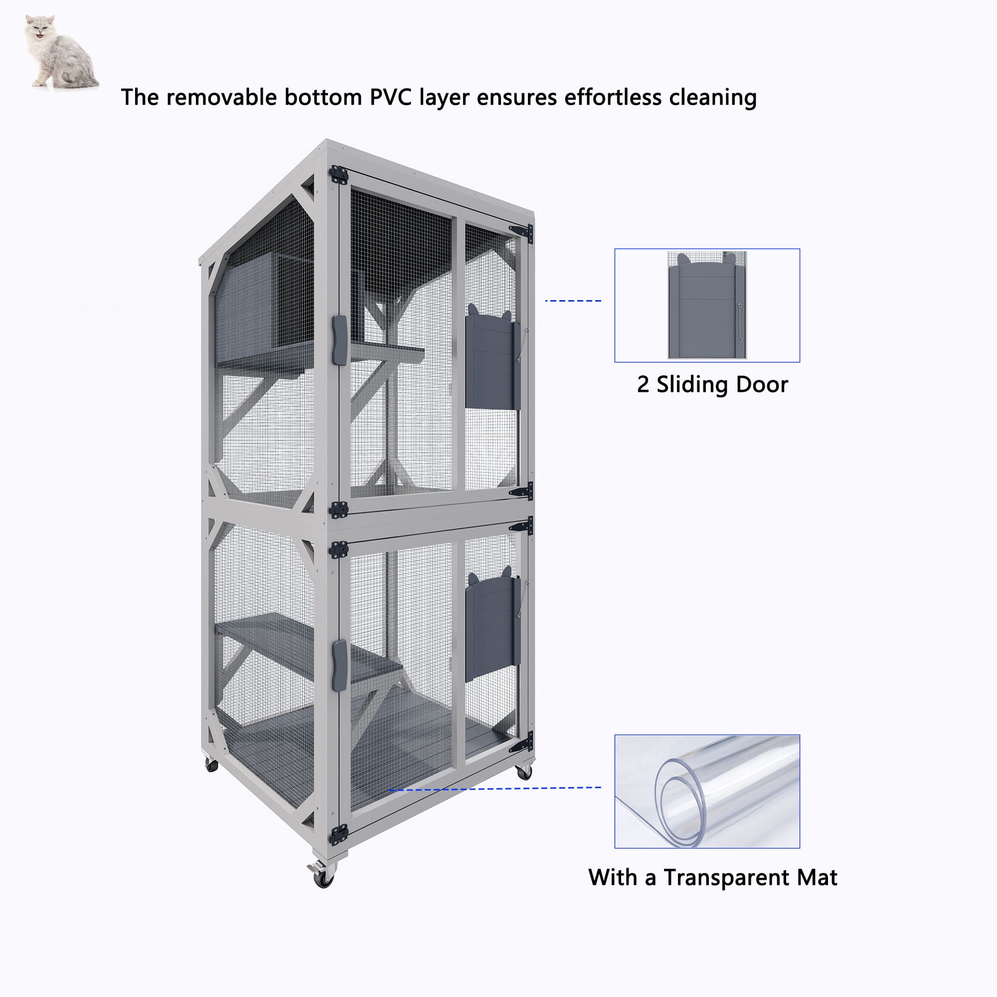 CQSXDA Large Wooden Outdoor Cat Enclosure with Wheels 74.8 Inches Multi-Level Cat House Lockable Doors Removable Tray