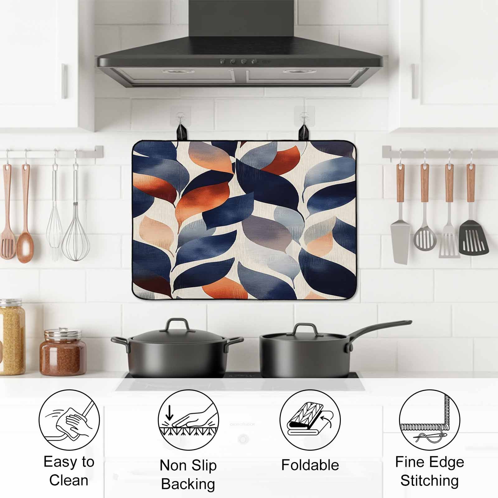Navy Blue Burnt Orange Stove Top Cover for Electric Stove, Heat-proof & Non Slip Glass Top Stove Cover Protector, Botanical Abstract Palm Leaf Kitchen Flat Cooktop Rubber Mat 24x21 Inches