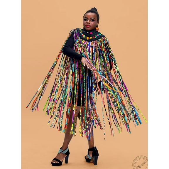 XIAOHUAGUA African Women Handmade Multi Ropes Dress Skirt Matchin Ankara Necklaces Shawl Tribal Set