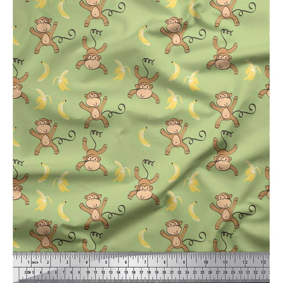 Soimoi Silk Fabric Banana & Monkey Kids Printed Fabric 1 Yard 42 Inch Wide