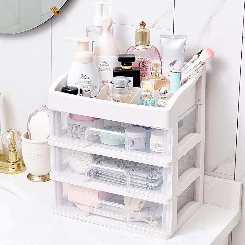 3 Tier Countertop Makeup Drawers Cosmetic Storage Box Rack with Large Capacity Makeup Caddy