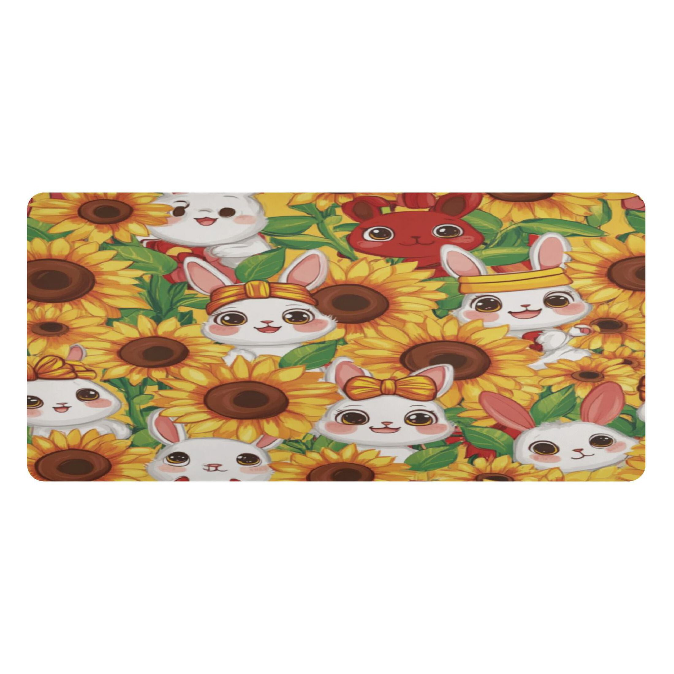 Leather Keyboard and Mouse Desk Mat Office Desk Accessories Protective Office Desk Decor Desk Pad Mat for Gaming, Work from Home, Office Bunnies and Sunflowers 16.5" x 35.4"