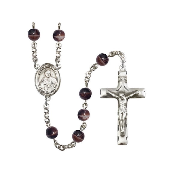 St. Pius X Silver-Plated Rosary 7mm Brown Beads Crucifix Size 1 3/4 x 1 medal charm