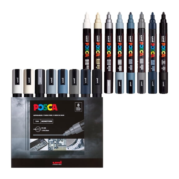 uni POSCA PC-5M Monotone Water-Based Paint Markers, Medium Reversible Tip (1.8-2.5mm), Monotone Ink Colors, 8 Count
