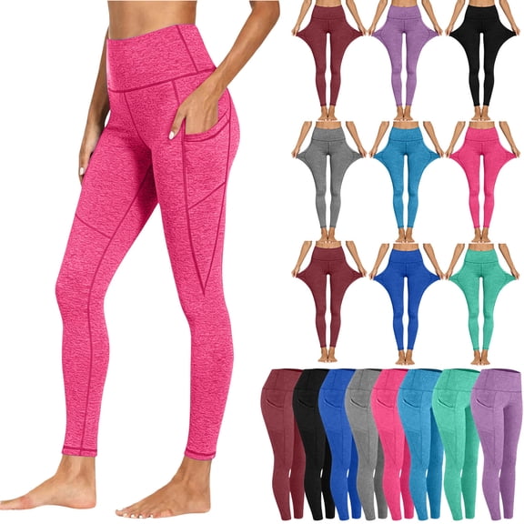 Smsaxvxz Leggings with Pockets for Women Casual Soft High Waisted Tummy Control Sports Running Yoga Pants Hot Pink XL