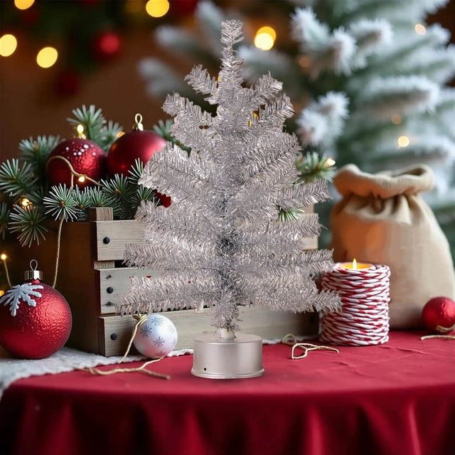 Mini Christmas Tree with Lights Music Box Rotating Base LED Illuminated Electroplated Decorative Bonsai Style Artificial Tree 6 in