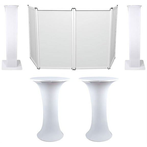 (2) Club Scene Highboy Tables w/White Scrim Carry Bag DJ Facade (2) Totem Stands