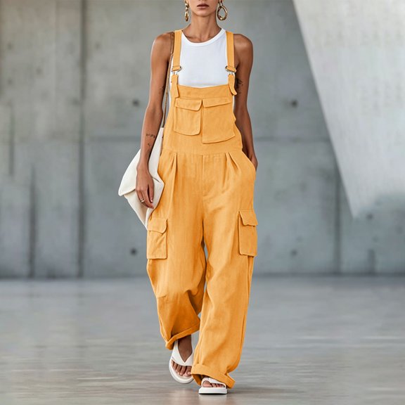 Mutghys Jumpsuits for Women Adjustable Wide Shoulder Straps Solid Color Overalls with Multi Pockets Shopping Dating Loose Comfy Leisure Pants S-2XL
