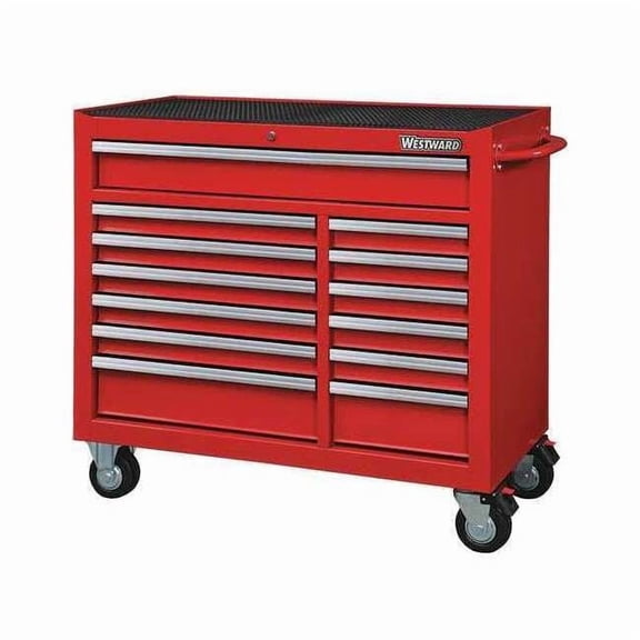 WESTWARD Rolling Tool Cabinet, 13-Drawers, Gloss Red, 42" W x 19" D x 40" H