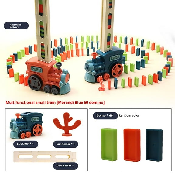Domino Train for Kids, Domino Train Set with 60 Dominoes, Automatic Domino Train Domino Puzzle Toys, Domino Train with Music, for 3-8 Year Old Christmas Birthday Gifts, Kindergarten Toy(Blue)