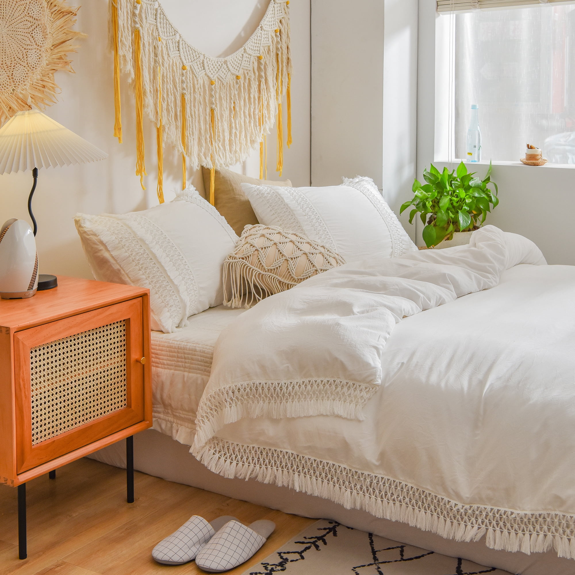 Move Over White Macrame Tassel Bedding Sets Queen Boho Chic Washed Microfiber Tassel Patern Duvet Cover No Filling