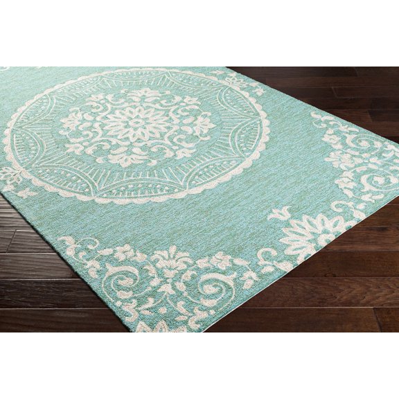 Hauteloom Lesmurdie Living Room, Bedroom Patio Outdoor Area Rug - Farmhouse - Aqua, Lime Green, Beige - 2' x 3'