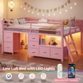 thumbnail image 3 of Afuhokles Low Loft Bed Twin Size with 7 Storage Drawers, Bookcase and LED Lights, Metal Loft Bed, Pink, 3 of 7