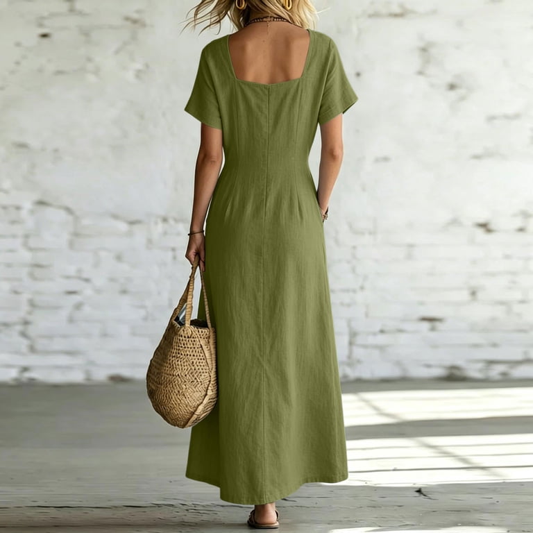 ladies straight dress HOMBOM Womens Casual Dresses with Pockets Shift Maxi Everyday Side Slit Square Neckline Long A-Line for Cotton Linen size-mapping_2