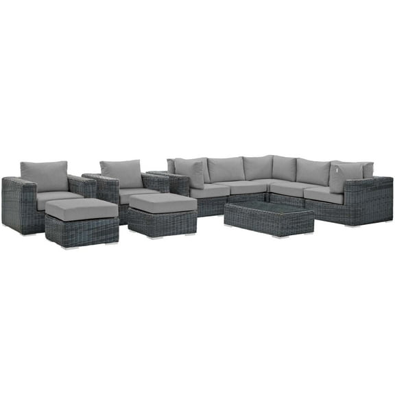 Modern Contemporary Urban Design Outdoor Patio Balcony Garden Furniture Lounge Sectional Sofa Set, Sunbrella Rattan Wicker, Grey Gray