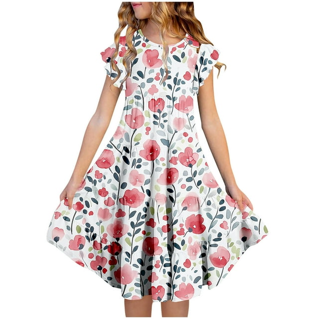 Zpanxa Robes Florales pour Filles Été Manches Courtes Manches Volantées Col Rond Imprimé de Fleurs Taille Poche Robe Superposée Polyester Spandex Multicolore 8-9 Ans