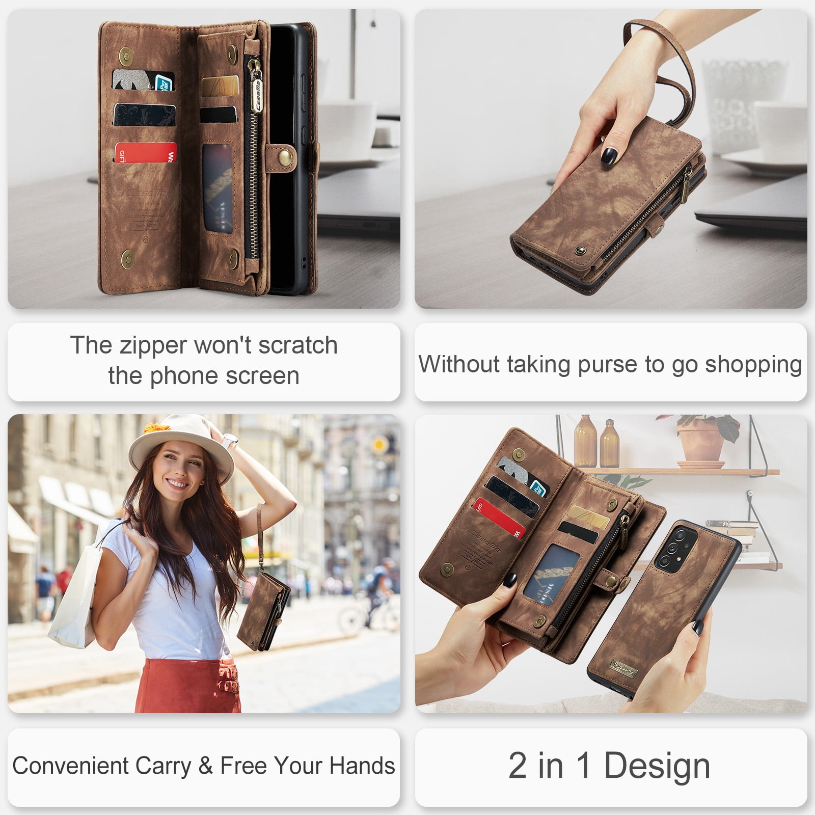 Feishell Durable 2- In-1 Magnetic Detachable Wallet Case for Samsung Galaxy A52 4G/5G,for Women Men,Premium PU Leather Zipper Pocket Flip Multi Card Slots Purse Phone Case with Wrist Strap,Darkbrown