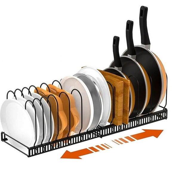Expandable Pot and Pan Organizer Rack with 10 Adjustable Compartments, Kitchen Cabinet Organizer for Bakeware and Cutting Boards, Black