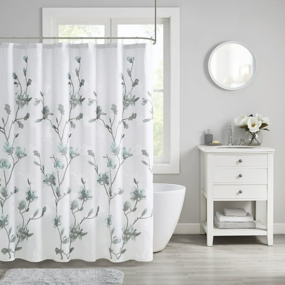 Madison Park Magnolia Floral Printed Burnout Shower Curtain, Aqua, 72x72"
