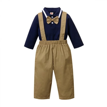 

KIMI BEAR Infant Baby Boys Rompers Outfits 18 Months Boy Fall Winter Outfits 24 Months Boy Cozy Bow Lapel Solid Color Long Sleeve Jumpsuits Suspender Pants 2PCs Set Dark Blue