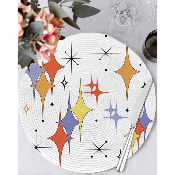 13 Inch Round Placemats Set of 6, Orange Purple Diamond Non Slip Heat Insulation PP Table Mats, Modern Geometric Middle Century Washable Place Mats for Kitchen Dining Party Table Decor