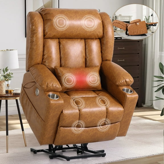 JULY'S SONG Oversized Dual Motor Power Recliner Chair, Zero Gravity Leather Lift Chairs for Elderly with Charge Ports & Cup Holders, Electric Recliners with Heat and Massage, Brown