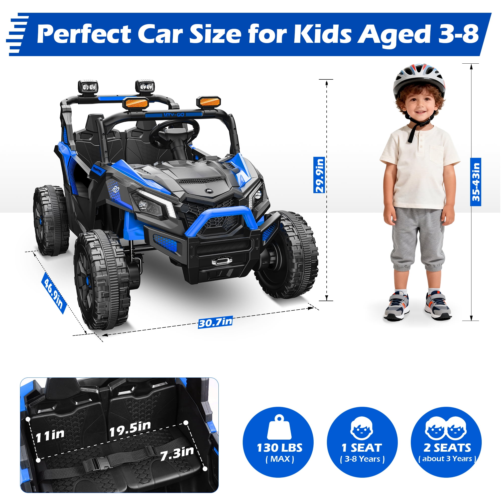 Wisairt 24V Ride on Toys 4WD Ride on Cars with Remote Control, 2 Seater Electric Car for Kids, Power Car Wheels, UTV w/ Four Motors, Music, LED Lights, Wireless Audio, 3 Speeds, Blue