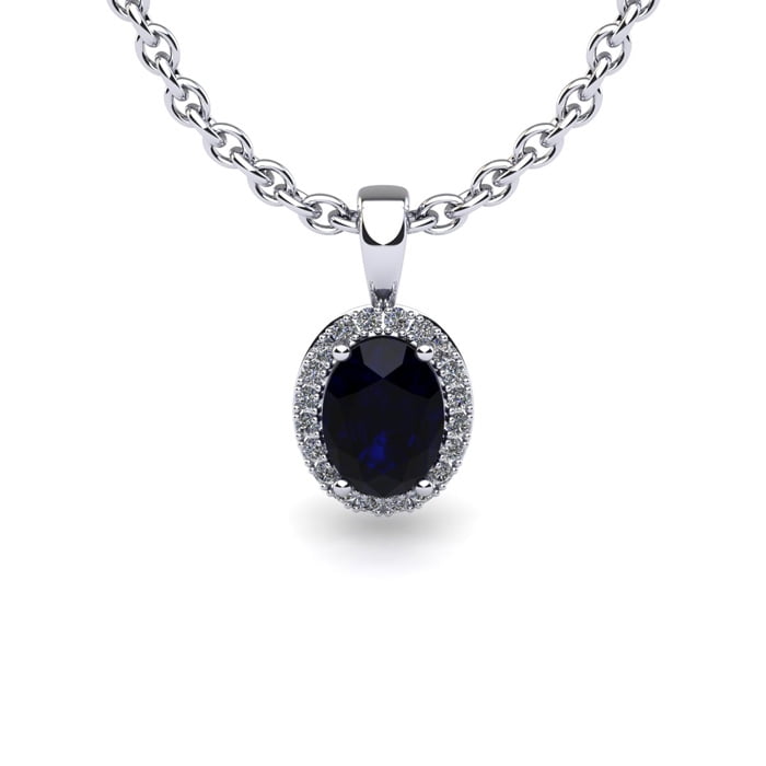 0.67 Carat Oval Shape Sapphire and Halo Diamond Necklace In 10 Karat White Gold With 18 Inch Chain by SuperJeweler