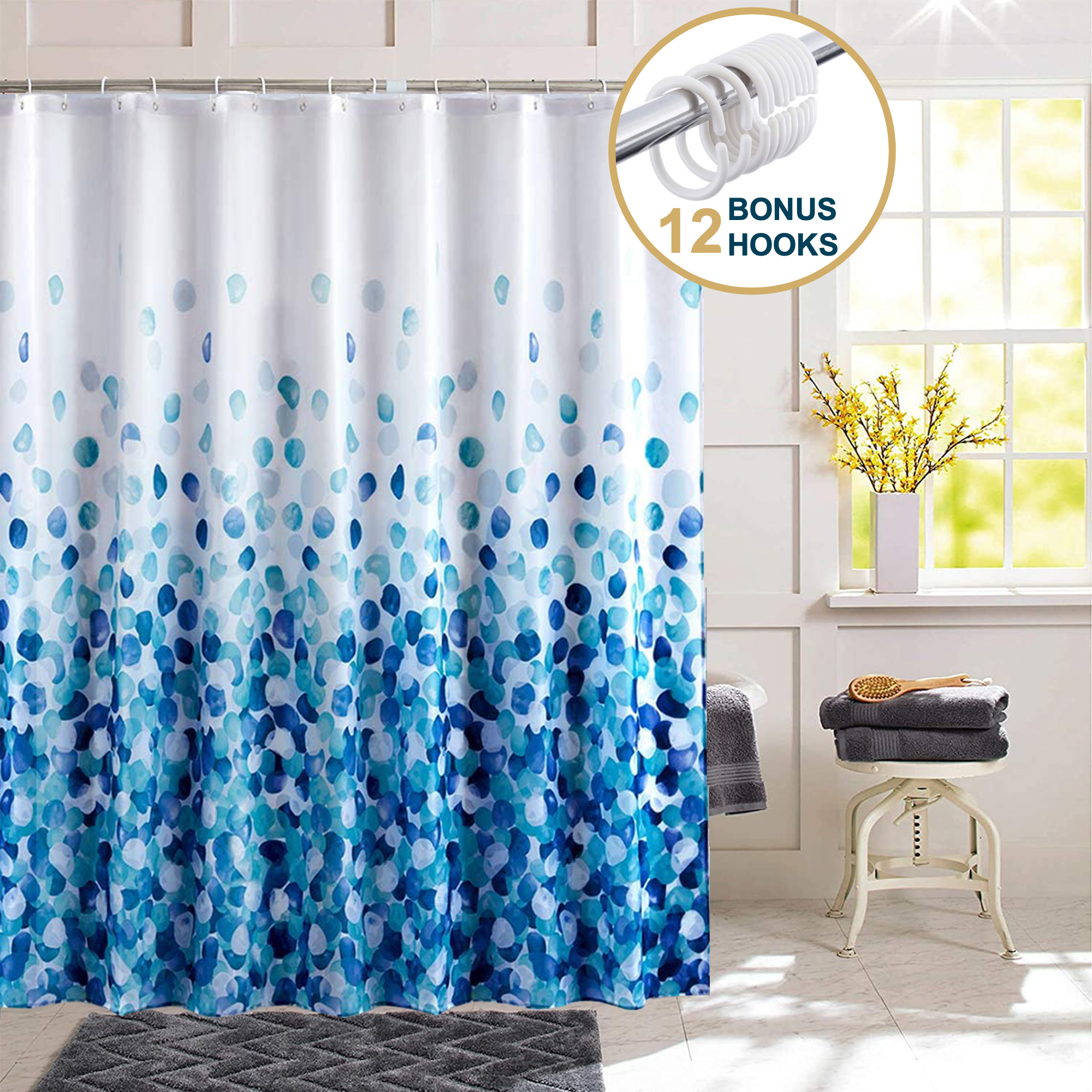ComfiTime Shower Curtain, Waterproof Floral, 72" x 72", Blue photo 1