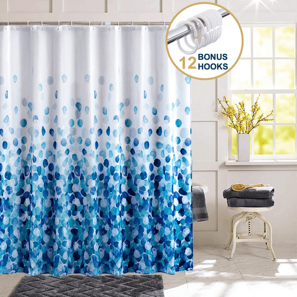 ComfiTime Shower Curtain - Heavy Duty Mildew-Resistant Fabric Bathroom Curtain, Waterproof, Machine-Washable, Weighted Hem, Rose Petal Floral Design, 72" W x 72” H,Blue