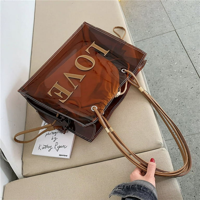Fashion Women Transparent PVC Shoulder Bags Jelly Candy Color Large  Capacity Handbag Tote Brown