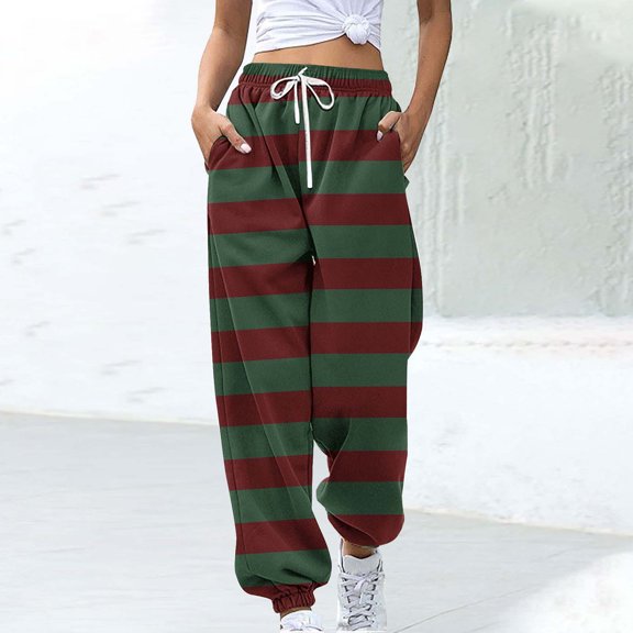 ClodeEU Women's High Waist Striped Jogger Pants,Elastic Drawstring Casual Sweatpants with Pockets Army Green,Women's Plus L