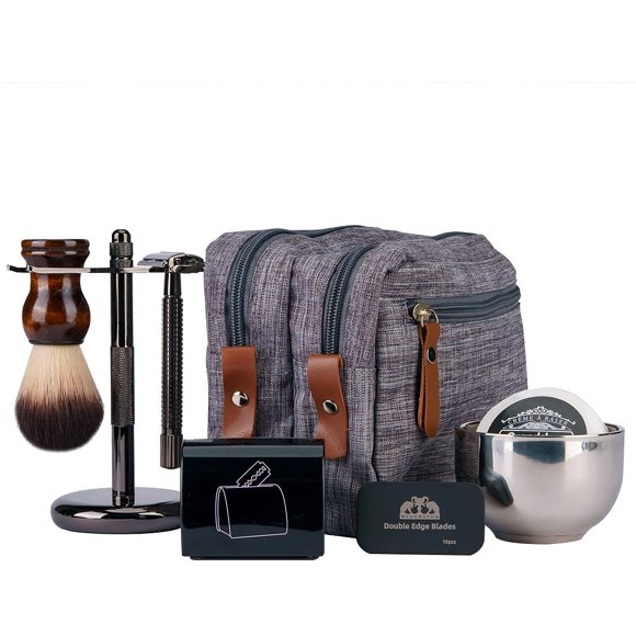 Grandslam Kit de afeitado para hombres Maquinilla de afeitar de seguridad con 10 cuchillas Soporte para brocha de afeitar y crema de jabón Tazón de acero inoxidable Kit Dopp de lona y cuero Set de reg