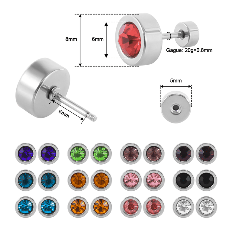12 Paia Orecchini A Vite In Acciaio Chirurgico Con Zirconi Cubic - Set Di Borchie Colorate Con Retro Piatto, 6 Mm Stelo, 3 Mm Pietra, Senza Nichel