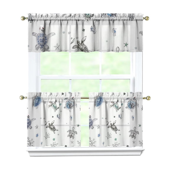 Kitchen Curtains 24 Inch Short - 3 Panel Set, Hawaiian Sea Turtle Ocean Design, Tropical Underwater Marine Life Print, Rod Pocket Window Curtain, Easy Wash