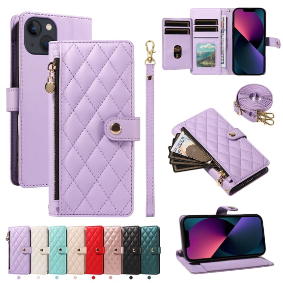 For iPhone 13 Wallet Case: with RFID Blocking Card Slots [5 Cards 1 Cash Slot 1 Zipper Pocket | Soft PU Leather Magnetic Snap | Crossbody & Wrist Strap Protective Phone Cover,Purple