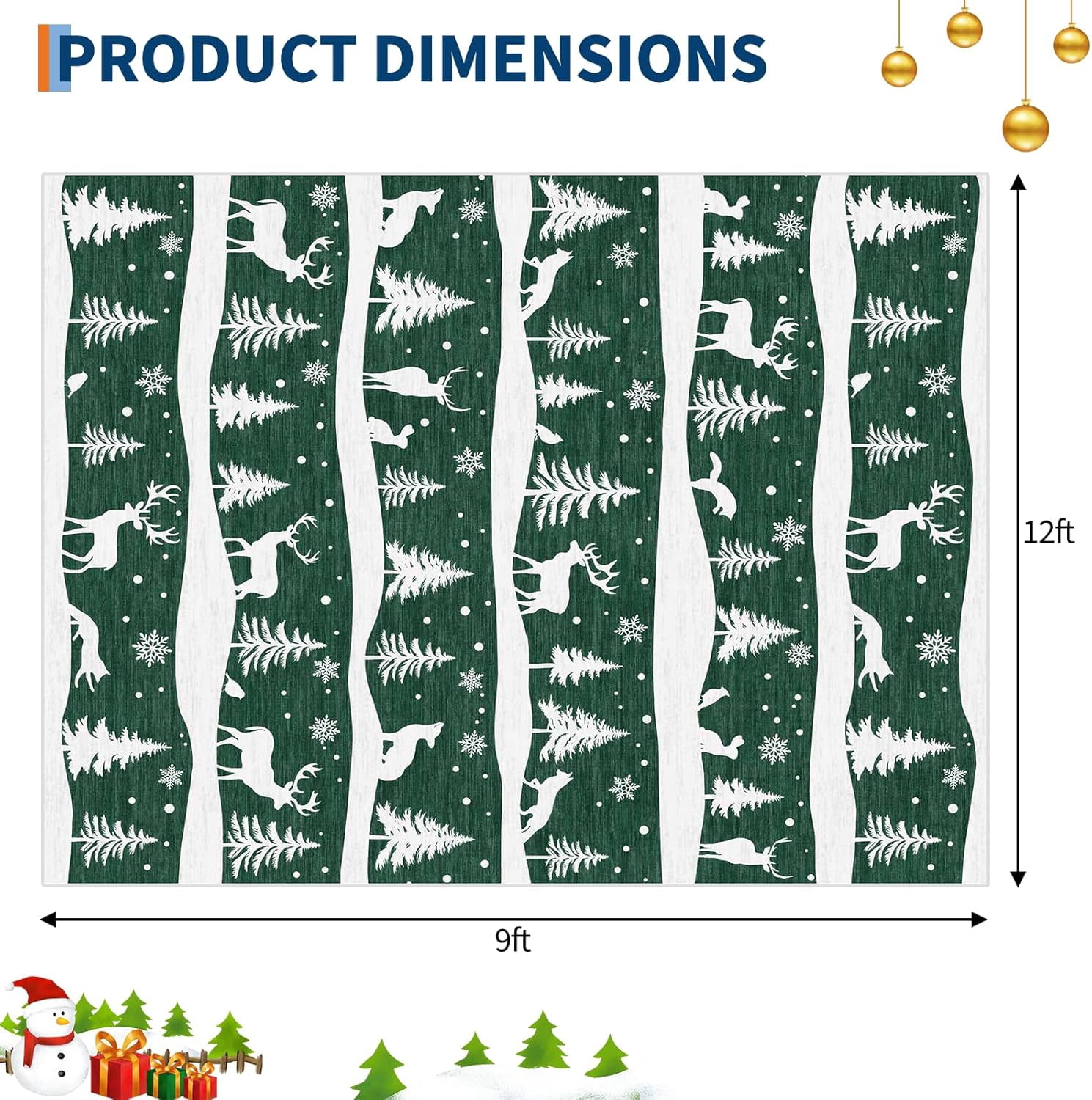 Garvee 9x12 ft Christmas Rug, Washable Non Slip Low Pile Carpet, Xmas Tree Reindeer Snowflake Indoor Rug for Entryway, Kitchen, Living Room, Green