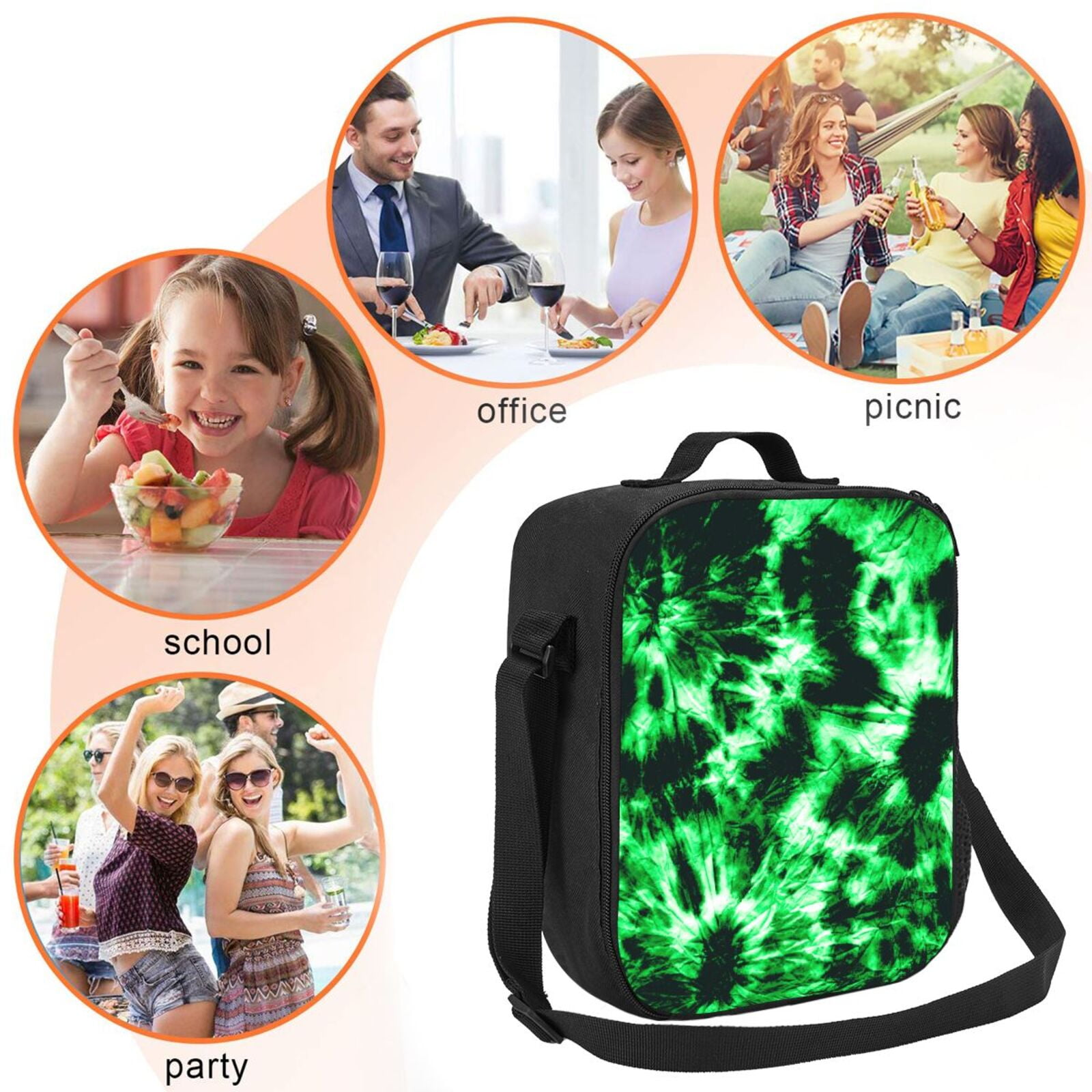 Defioc Green Tie Dye Print Lunch Box for Men & Women, Insulated Lunch Bag Thickened Thermal Leakproof Lunch Tote Bag for Adult Office Travel Picnic