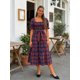 thumbnail image 3 of Vestido de mujer de otoño con estampado a cuadros, mangas abullonadas, escote cuadrado, corpiño ajustado y corte en A fluido., 3 of 8