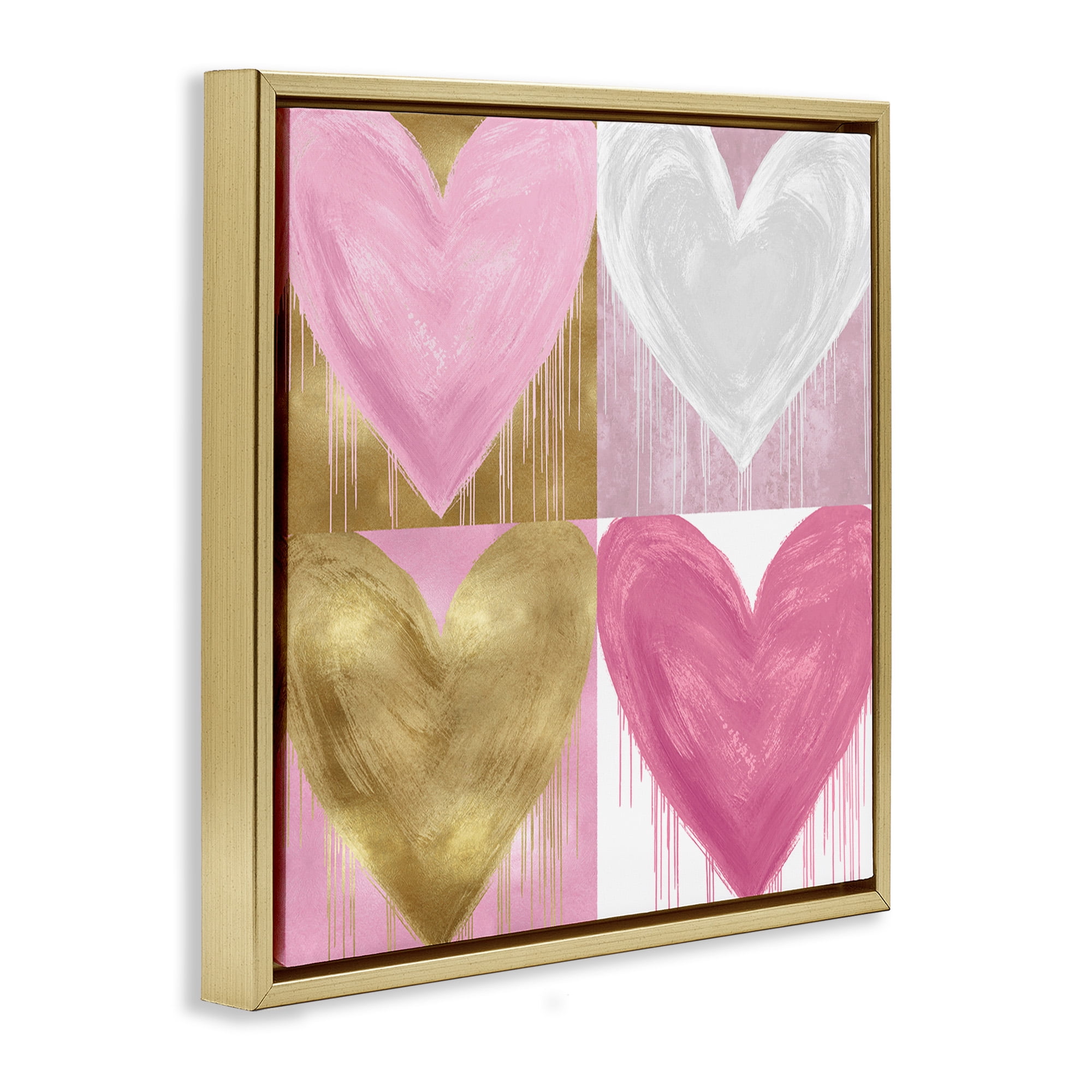 Stupell Industries Pink & Gold Glam Hearts Art for Kids Painting Gold Floater Framed Canvas Art Print Wall Art, 25 x 25