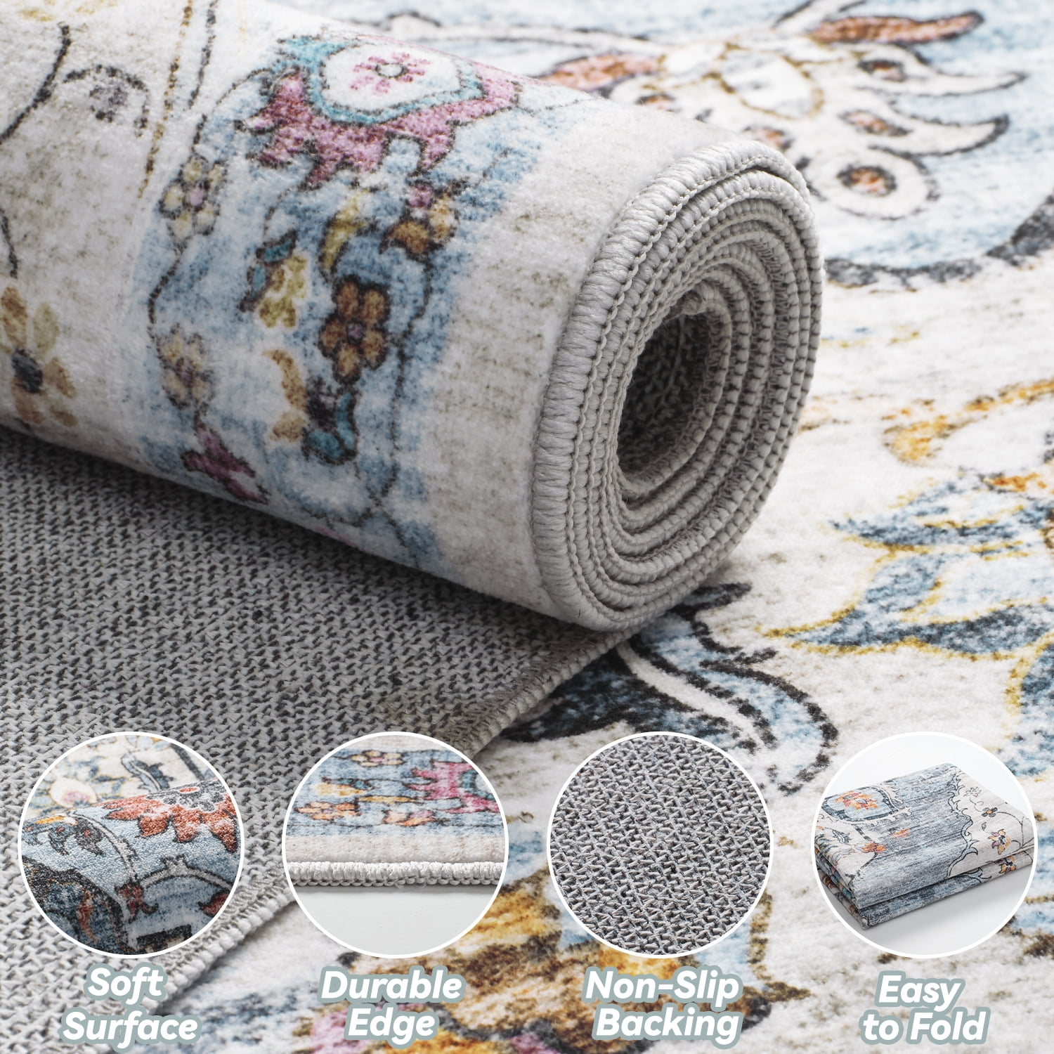 VUNATE 5'x7' Area Rugs for Living Room Washable Rugs Floral Vintage Area Rug Botanical Indoor Carpet Soft Rugs for Bedroom Office Dining Room Kitchen Accent Rug Contemporary Home Decor Blue