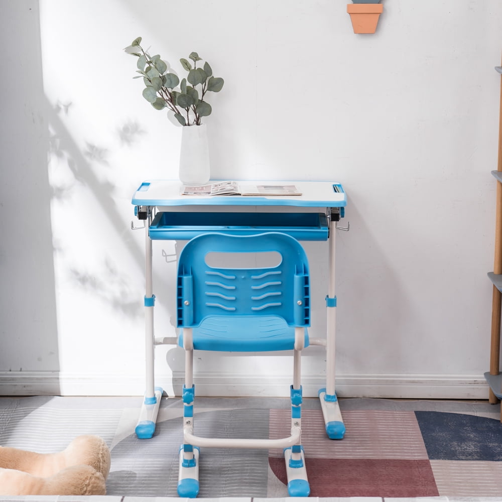 Kepooman Kids Desk, Children Study Table and Chair Set, Childs Desk, School Student Writing Desk, Light White Lacquered White Surface and Blue Plastic-B Kepooman Kids Desk, Children Study Table and Chair Set, Childs Desk, School Student Writing Desk, Light White Lacquered White Surface and Blue Plastic-B