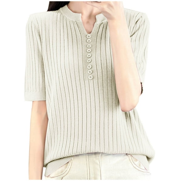 Fashion Women's Casual Solid Color Knit Short Sleeve V-Neck Blouses Shirts